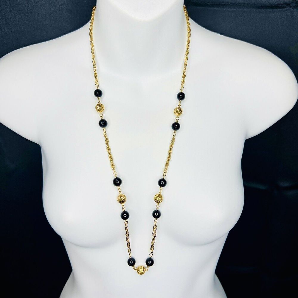 Vintage Gold Tone Filigree Beads Faux Onyx Necklace 30“ PRETTY 4159